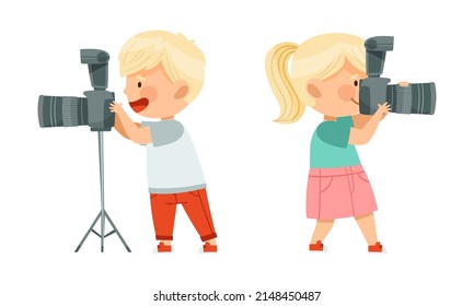 Pretty Boy and Girl Holding Digital Camera Taking Photograph Vector Illustration Set