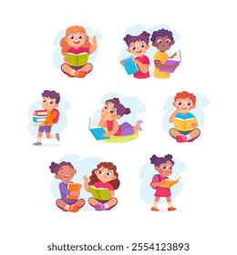 Pretty Boy and Girl Reading Book Engaged in Recreation Activity Vector Illustration Set