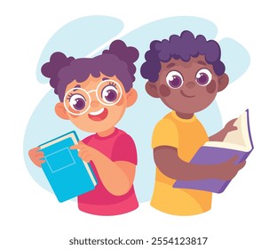 Pretty Boy and Girl Reading Open Book Vector Illustration