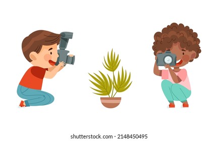 Pretty Boy Holding Digital Camera Taking Photograph Vector Illustration Set