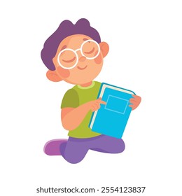 Pretty Boy Reading Book Engaged in Recreation Activity Vector Illustration