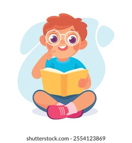 Pretty Boy Reading Book Sitting Cross Legged Vector Illustration