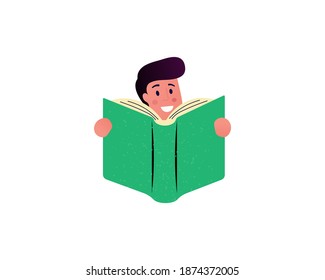 Pretty boy smiling and holding a book in his hands. Smart child reads a book, studies. Cartoon vector illustration in trendy style.