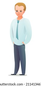 Pretty boy student. Cheerful guy. Standing pose. Cartoon flat design in comic style. Single character. Illustration isolated on white background. Vector.
