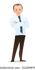 Un estudiante muy chico. Un tipo alegre. pose. Diseño plano de dibujos animados al estilo cómico. Un solo carácter. Ilustración aislada sobre fondo blanco. Vector.