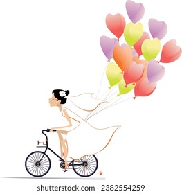 Bonita novia con globos de aire montando una bicicleta. 
Bonita novia con vestido blanco y velo de boda monta una bicicleta con muchos globos de aire. Aislado sobre blanco
