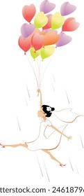 Pretty bride flights on air balloons. 
Pretty bride in the white dress and wedding veil flights holding colorful air balloons shaped hearts. Isolated on white background
