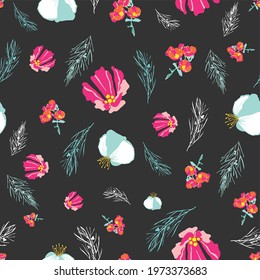 Pretty bright pink and teal desert wildflowers and sagebrush floral scattered on a seamless repeat pattern on black background. Featuring endangered Bearclaw Poppy and bright cactus blooms.