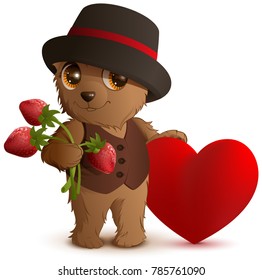 Pretty brown bear in hat holds strawberry berry and red heart symbol of love. Gift for Valentines Day. Isolated on white vector cartoon illustration