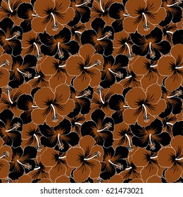 Pretty brown and black floral print. Motley seamless pattern. Vector hibiscus flower background.