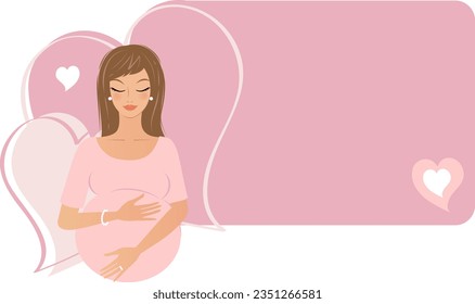 Pretty brown haired Pregnant woman illustration with custom text heart pink box