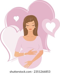 Pretty brown haired Pregnant woman illustration with pink hearts background