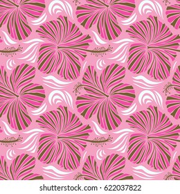 Pretty brown and pink floral print. Motley seamless pattern. Vector hibiscus flower background.