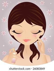 Pretty Brunette Caucasian Woman With Flushed Cheeks, Spraying Perfume Or Facial Mist On Her Face, Over A Floral Purple Background