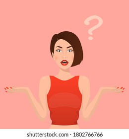 Pretty Brunette Confused Woman, Young Lady, Girl with Arms Outstretched. Make a Choice, Doesn't know to Do Concept. Question Mark. Vector Illustration. Portrait, Avatar. Front View