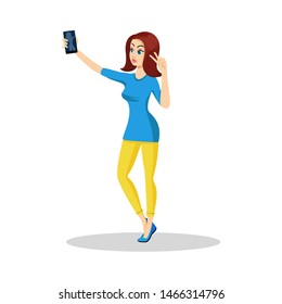 Pretty brunette girl in blue mini dress and yellow leggins holding smartphone in hand and showing peace, victory gesture. Young woman blogger taking selfie. Vector cartoon illustration on white.
