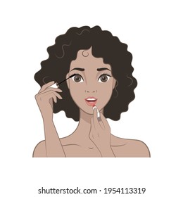 Pretty Brunette girl doing makeup. Isolated image. Vector illustration in cartoon style