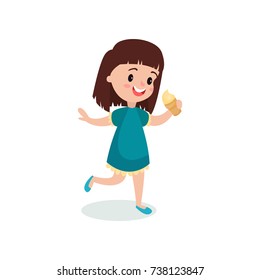 Pretty brunette girl feeling happy with her ice cream cartoon vector illustration