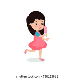 Pretty brunette girl feeling happy with her ice cream cartoon vector illustration