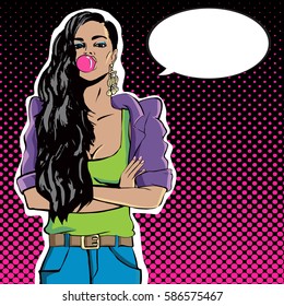 Pretty brunette girl with long hair, bubble gum on the pop art background with speech bubble. Vector illustration.