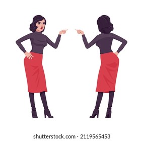 Pretty brunette girl, modern elegant woman scolding. Business lady, slim fit pencil red skirt, black turtleneck. Vector flat style cartoon illustration isolated, white background, front, rear view