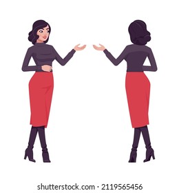 Pretty brunette girl, modern elegant woman presentation gesture. Business lady, slim fit pencil skirt, black turtleneck. Vector flat style cartoon illustration isolated, white background, front, rear