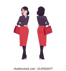 Pretty brunette girl, modern elegant woman standing, phone talk. Business lady, slim fit pencil skirt, black turtleneck. Vector flat style cartoon illustration isolated, white background, front, rear