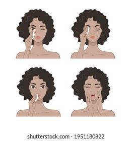 Pretty brunette Girl. Removing makeup. Steps. Vector illustration
