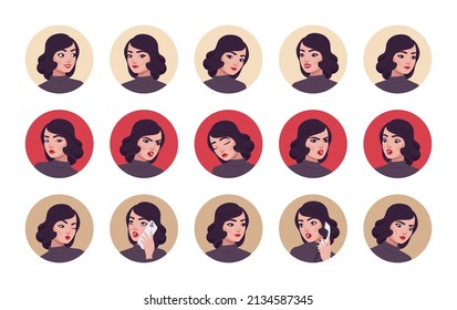 Pretty brunette girl, woman portrait set, businesswoman, female business bundle. Different emotions face icons, character pic. Vector flat style cartoon avatar circle set isolated on white background