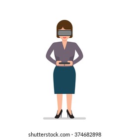 Pretty brunette hair woman in a virtual reality glasses and with remote control in hands. Flat design character illustration