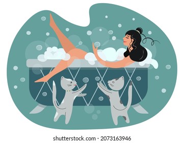 A pretty brunette loves bath procedures. A woman takes a bath in a cozy home environment with two adorable kittens. Vector with cute girl and pets. Spa care, rest, relaxation. Cartoon flat style.