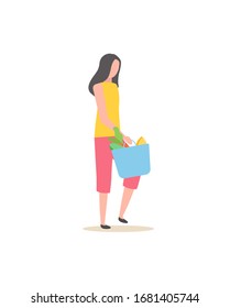 Pretty brunette on shopping isolated cartoon girl with bag full of grocery food. Vector basket with dairy necessary food, fruits and vegetables, shopper