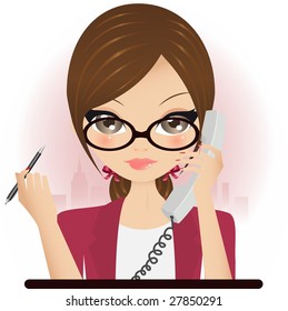 Pretty Brunette Secretary, Assistant Or Receptionist Holding A Phone And A Pen While Taking A Call In An Office