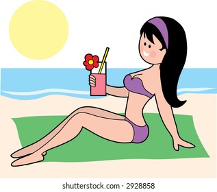 A pretty brunette sunbathing in a bikini holding a drink