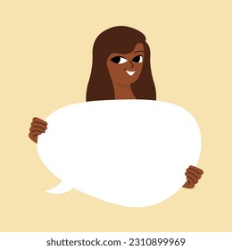 Pretty brunette swowing empty presentation. Young black woman holding blank placard, poster, paper. Simple flat style
