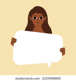 Pretty brunette swowing empty presentation. Young black woman holding blank placard, poster, paper. Simple flat style
