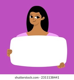 Pretty brunette swowing empty presentation. Young black woman holding blank placard, poster, paper. Simple flat style
