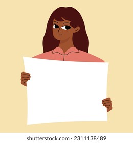 Pretty brunette swowing empty presentation. Young black woman holding blank placard, poster, paper. Simple flat style
