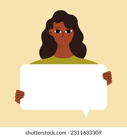 Pretty brunette swowing empty presentation. Young black woman holding blank placard, poster, paper. Simple flat style
