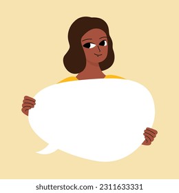 Pretty brunette swowing empty presentation. Young black woman holding blank placard, poster, paper. Simple flat style
