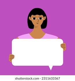 Pretty brunette swowing empty presentation. Young black woman holding blank placard, poster, paper. Simple flat style
