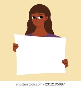 Pretty brunette swowing empty presentation. Young black woman holding blank placard, poster, paper. Simple flat style
