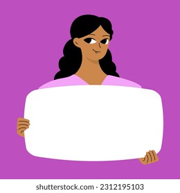 Pretty brunette swowing empty presentation. Young black woman holding blank placard, poster, paper. Simple flat style
