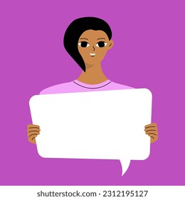 Pretty brunette swowing empty presentation. Young black woman holding blank placard, poster, paper. Simple flat style
