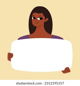 Pretty brunette swowing empty presentation. Young black woman holding blank placard, poster, paper. Simple flat style
