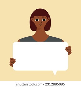 Pretty brunette swowing empty presentation. Young black woman holding blank placard, poster, paper. Simple flat style
