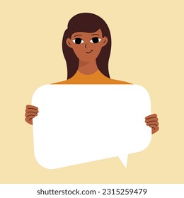 Pretty brunette swowing empty presentation. Young black woman holding blank placard, poster, paper. Simple flat style
