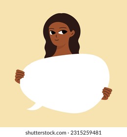 Pretty brunette swowing empty presentation. Young black woman holding blank placard, poster, paper. Simple flat style
