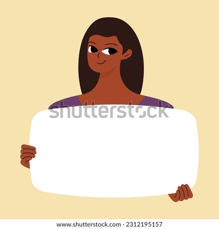 Pretty brunette swowing empty presentation. Young black woman holding blank placard, poster, paper. Simple flat style
