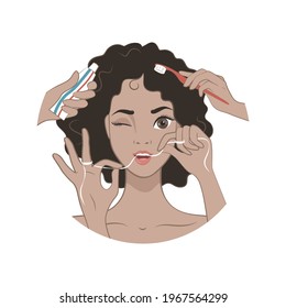 Pretty Brunette woman brushing her teeth. Dental care. Healthy teeth. Vector illustration in cartoon style